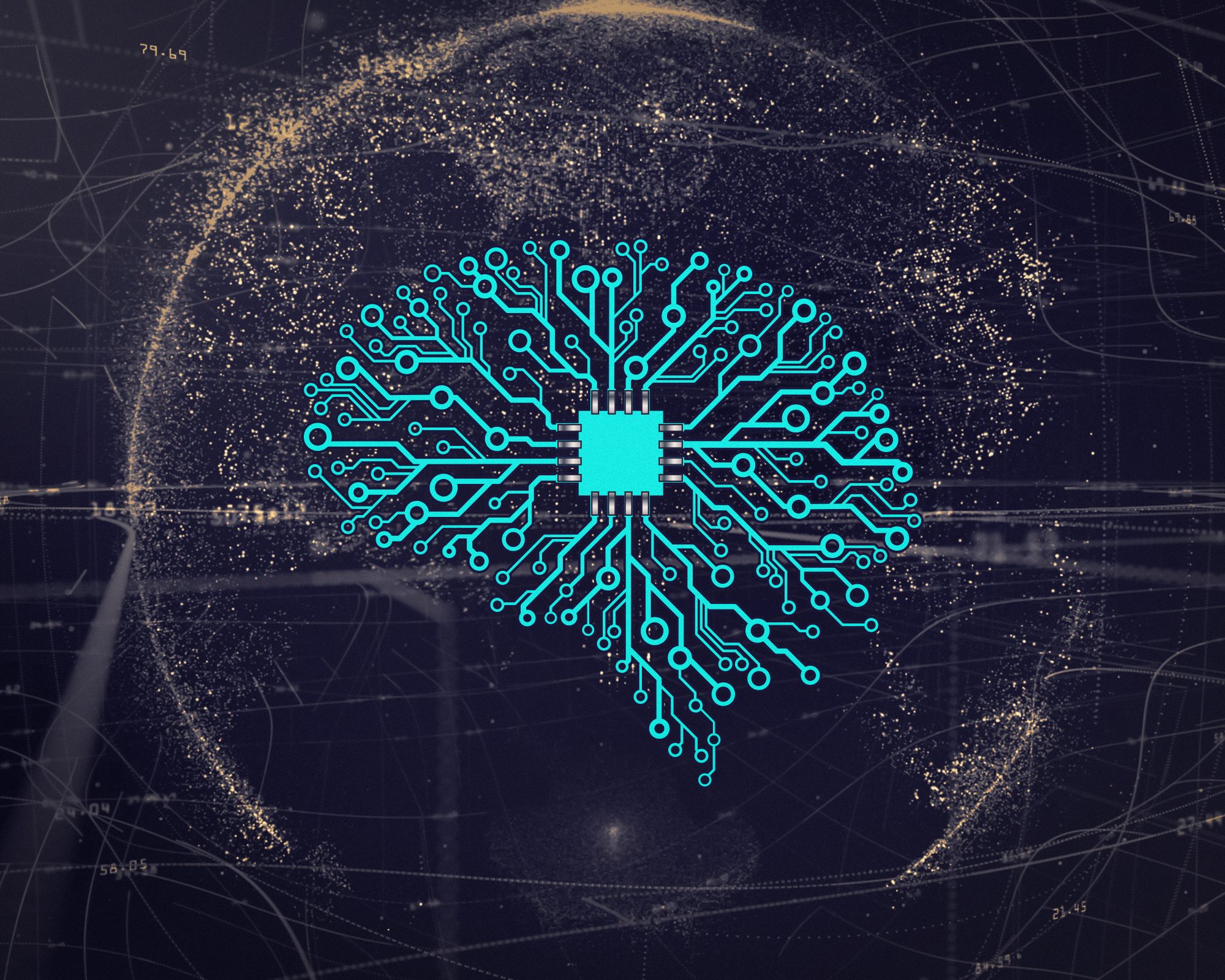 Схема штучної нейромережі на тлі процесора - ілюстрація фізичного AI і world models AMD World Labs